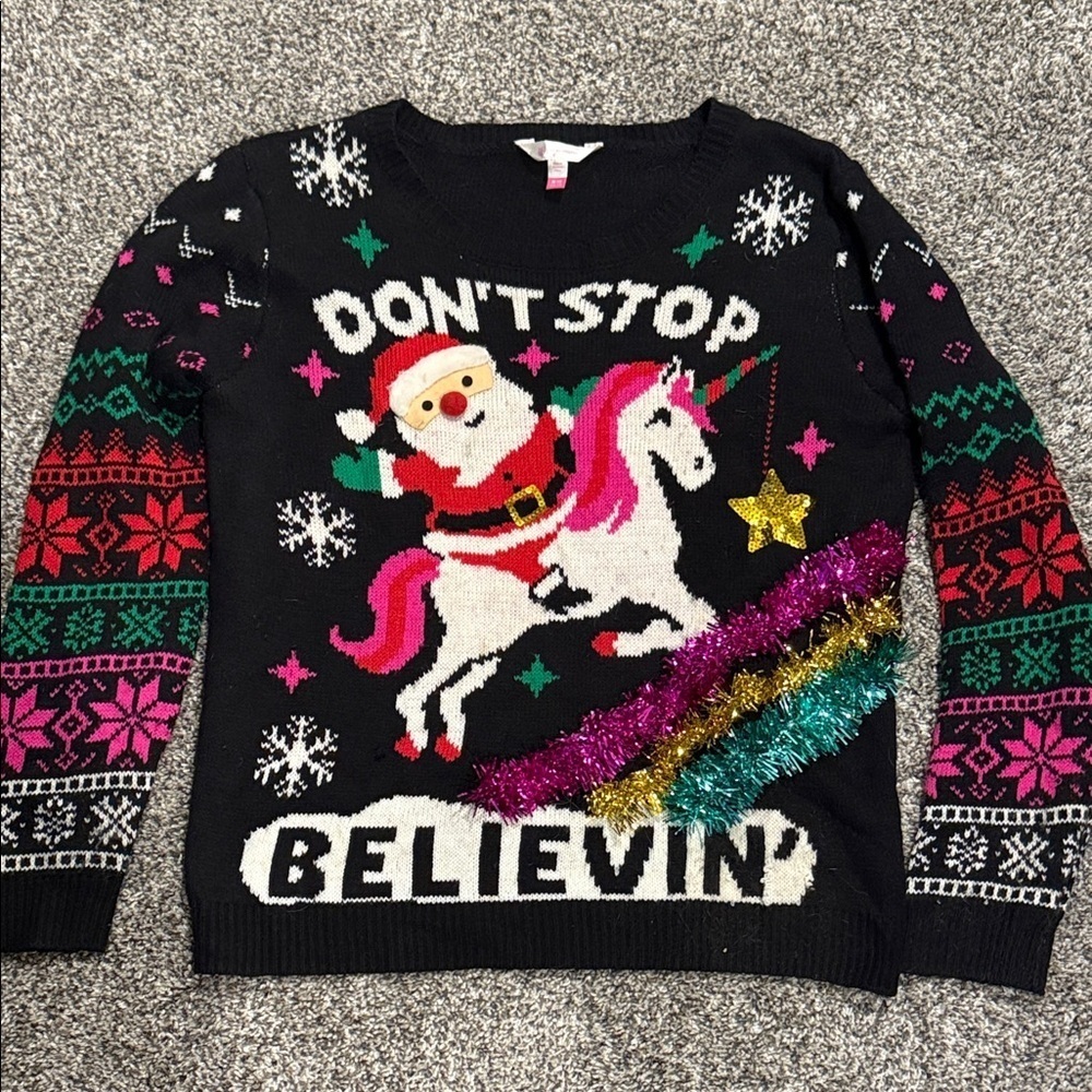 Festive Santa Unicorn Sweater ugly Christmas juniors xl believing top holiday - Picture 2 of 8